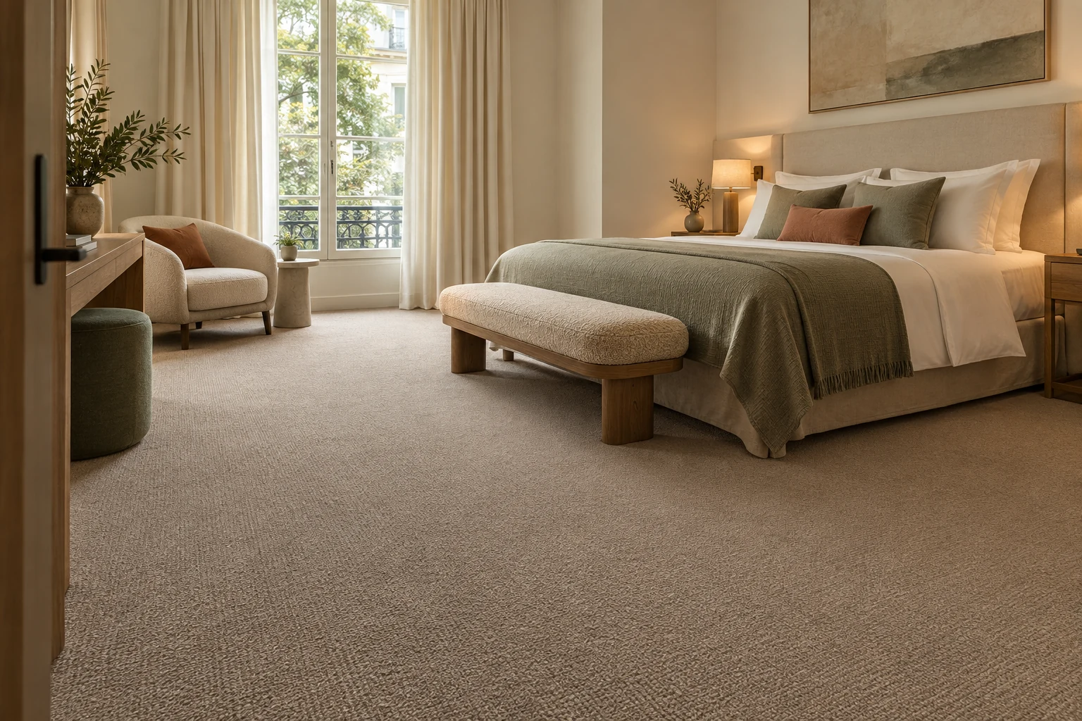 Hotel flooring, curtains and shading in one project plan — Inspirational image · AI visualisation, not an exact collection or completed project.