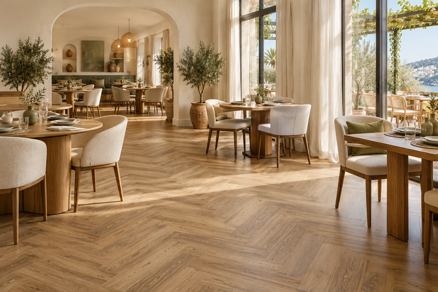 Flooring and interior finishes for restaurants and hospitality — Inspirational image · AI visualisation, not an exact collection or completed project.