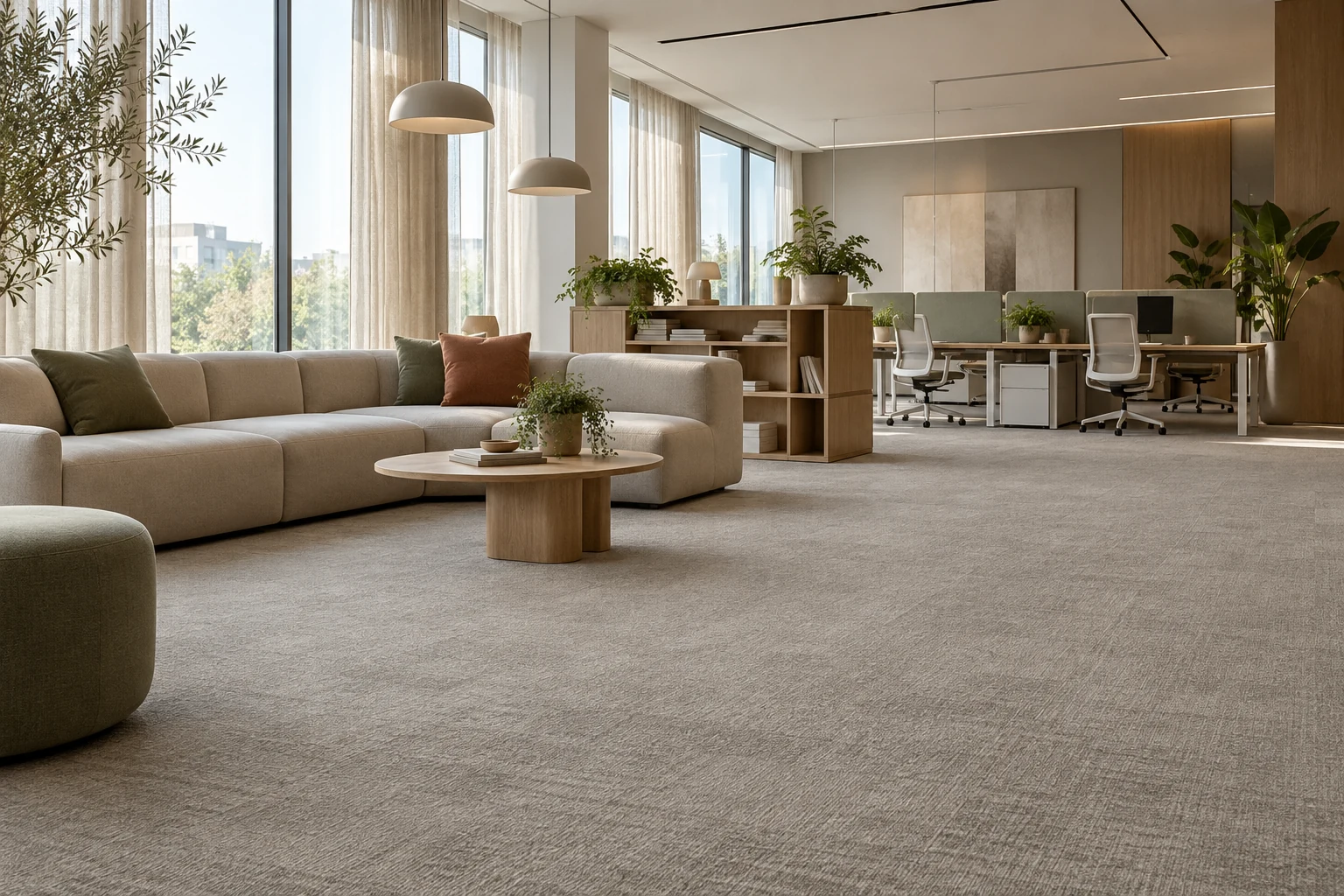 Office flooring with a coordinated interior plan — Inspirational image · AI visualisation, not an exact collection or completed project.