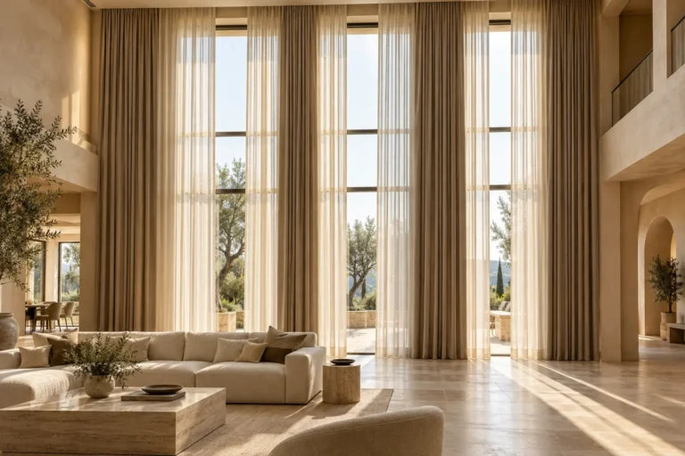 AI concept of double-height hotel curtains with layered ivory sheers and warm taupe drapery